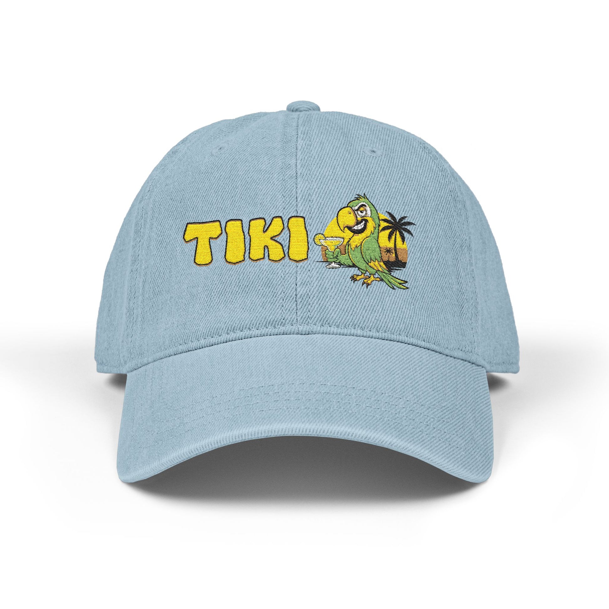 Light blue cap with 'TIKI' and a cartoon character on a white background