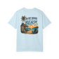Light blue t-shirt with beach graphic and text on a white background