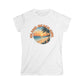 White t-shirt with 'Island Beach Girl' graphic design featuring a palm tree and sunset on a white background.