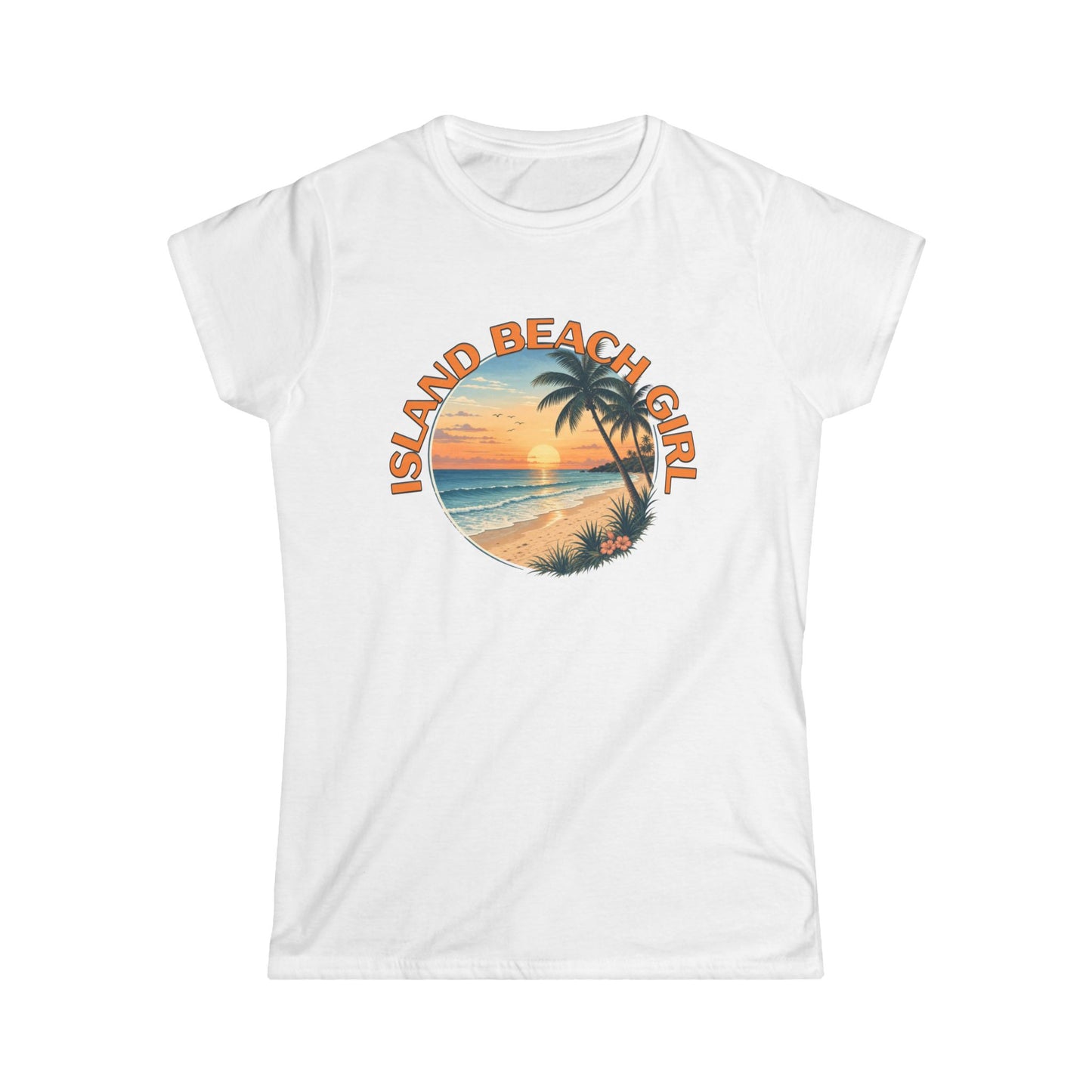 White t-shirt with 'Island Beach Girl' graphic design featuring a palm tree and sunset on a white background.