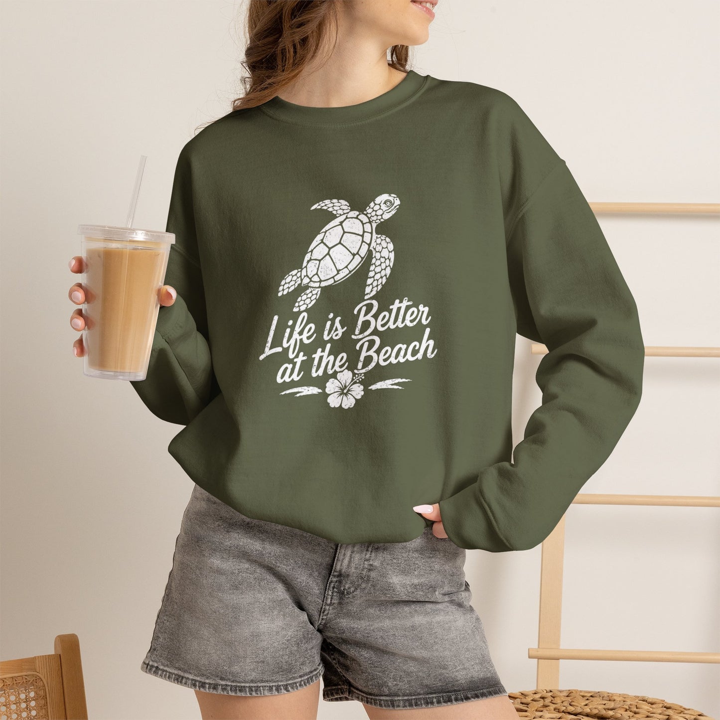 Beach Turtle Crewneck Sweatshirt — "Life is Better at the Beach"