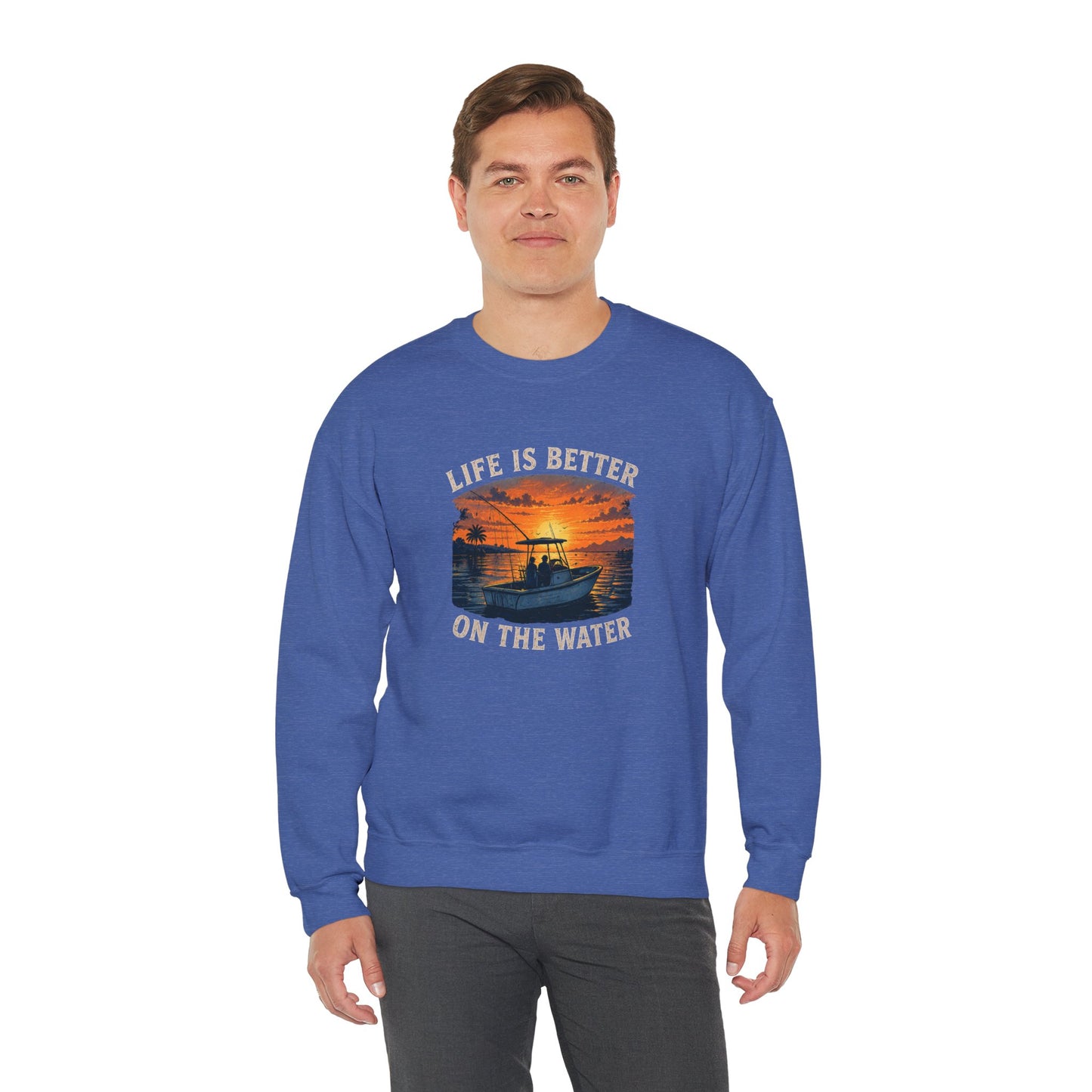 "Life Is Better On The Water" Crewneck Sweatshirt -Boat Sunset Graphic