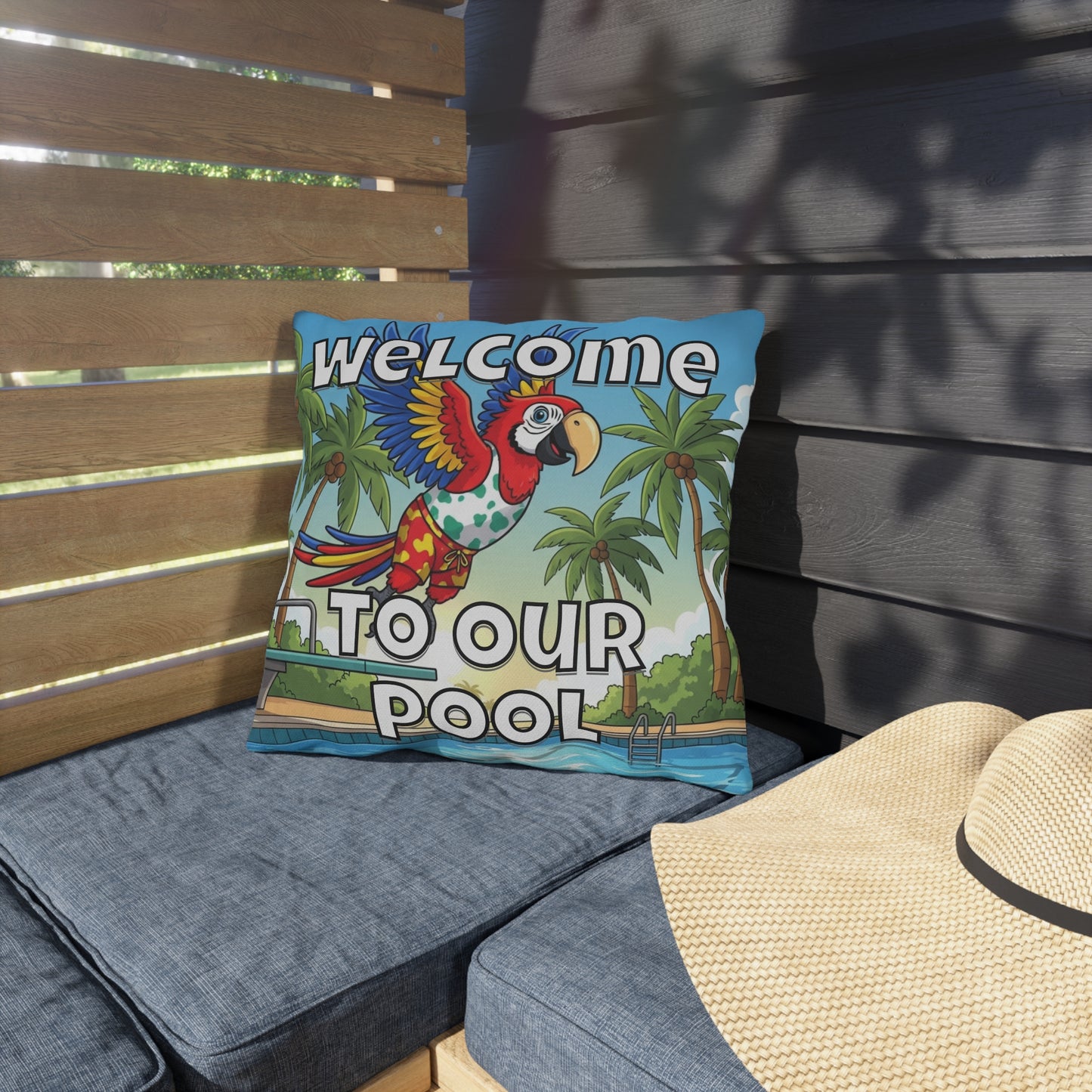 Welcome To Our Pool Outdoor Pillow — Tropical Parrot Poolside Decorative Cushion