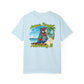 Light blue t-shirt with a tropical graphic and text on the back