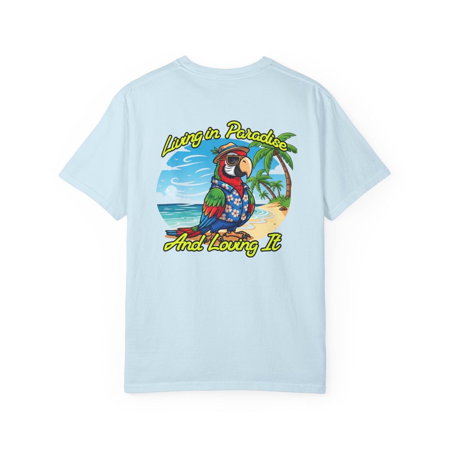 Light blue t-shirt with a tropical graphic and text on the back