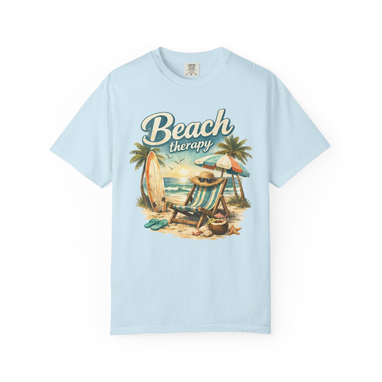 Light blue t-shirt with 'Beach Therapy' graphic design featuring a beach scene.