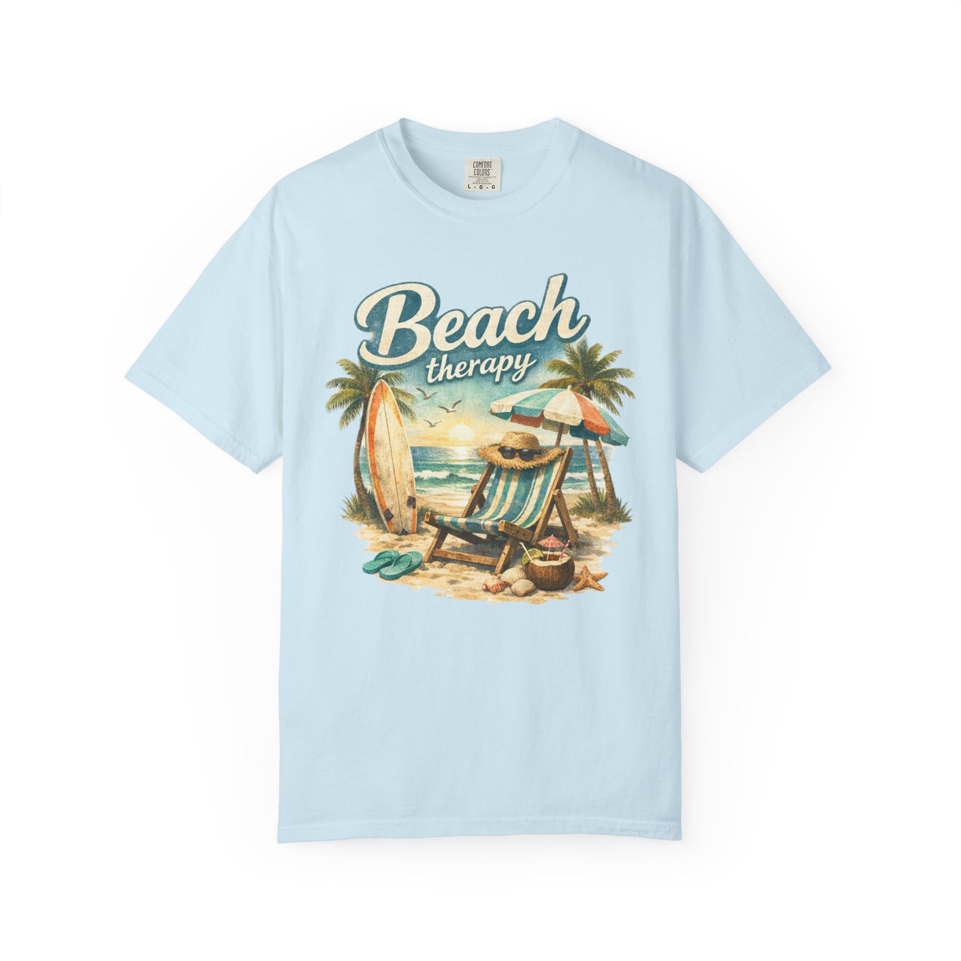 Light blue t-shirt with 'Beach Therapy' graphic design featuring a beach scene.