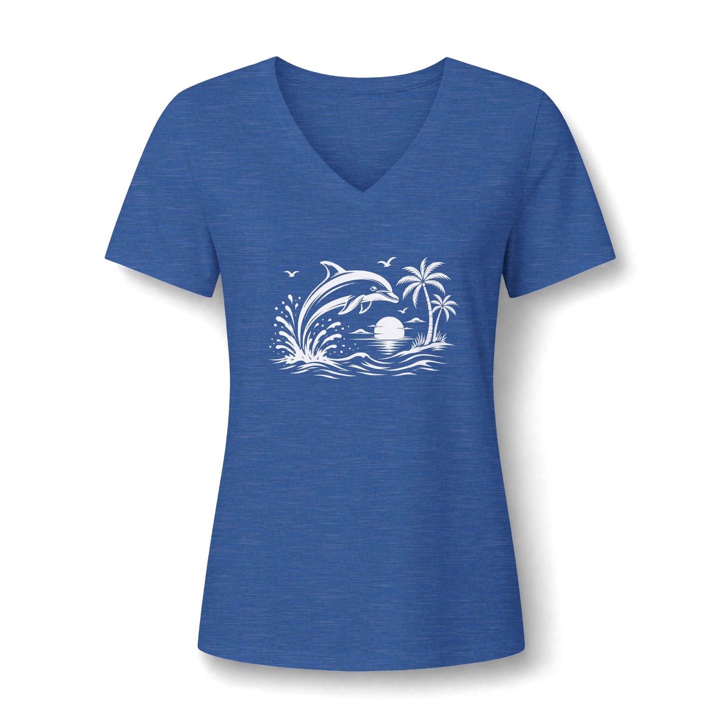 Dolphin Beach Sunset Graphic-Women’s V‑Neck Tee