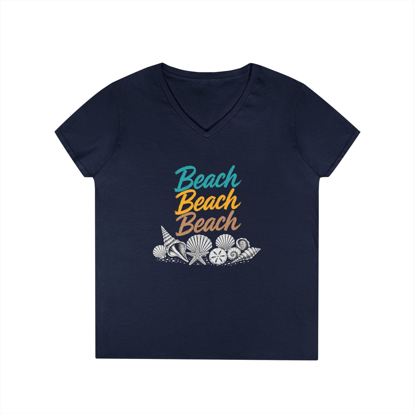Beach Beach Beach Script V-Neck Tee — Women’s Casual Coastal T-Shirt