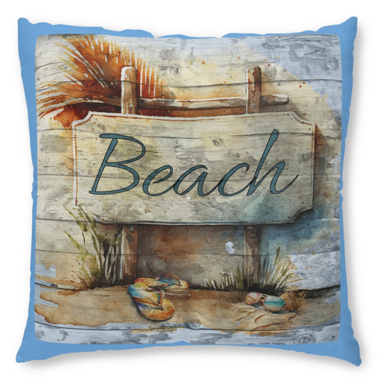 Rustic Beach Sign Blue Tufted Floor Pillow, Square by Caribbean Rays