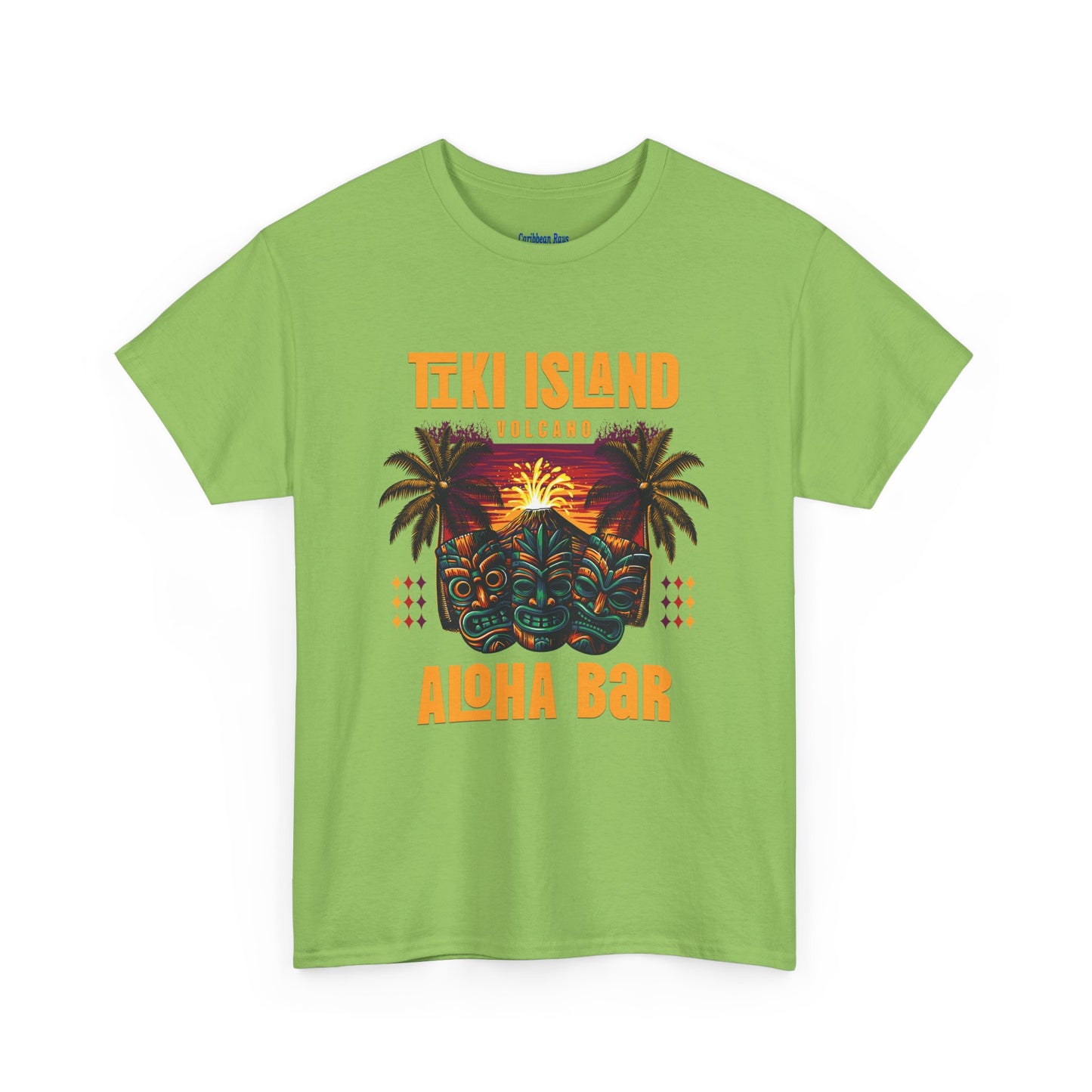 Green t-shirt with Tiki Island and Aloha Bar design on a white background  at Caribbean Rays