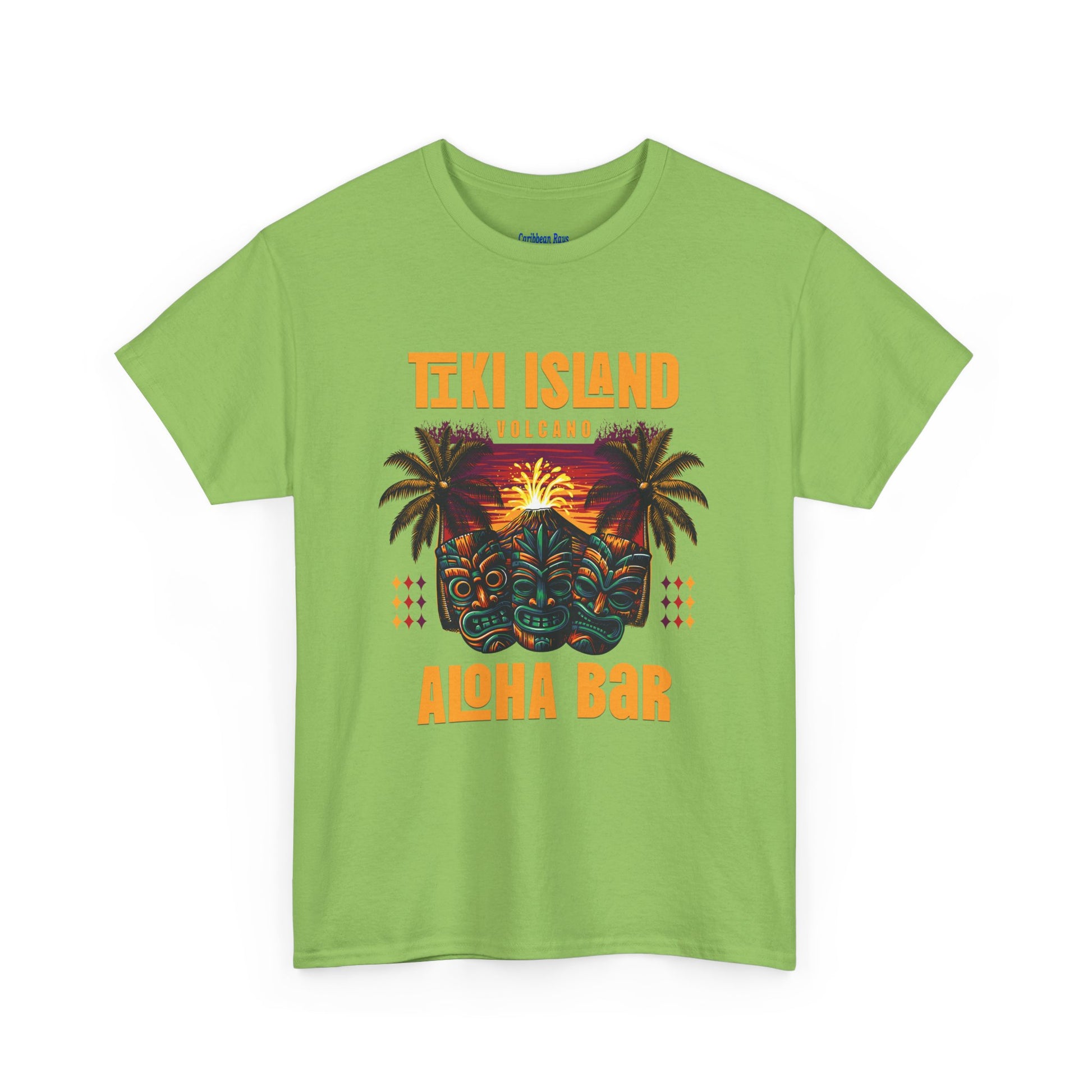 Green t-shirt with Tiki Island and Aloha Bar design on a white background  at Caribbean Rays