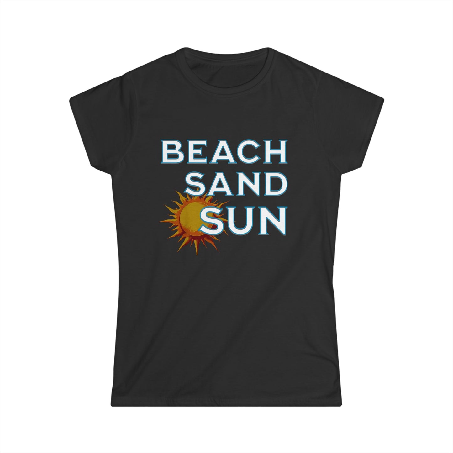 Black t-shirt with 'Beach Sand Sun' text and sun graphic on a white background