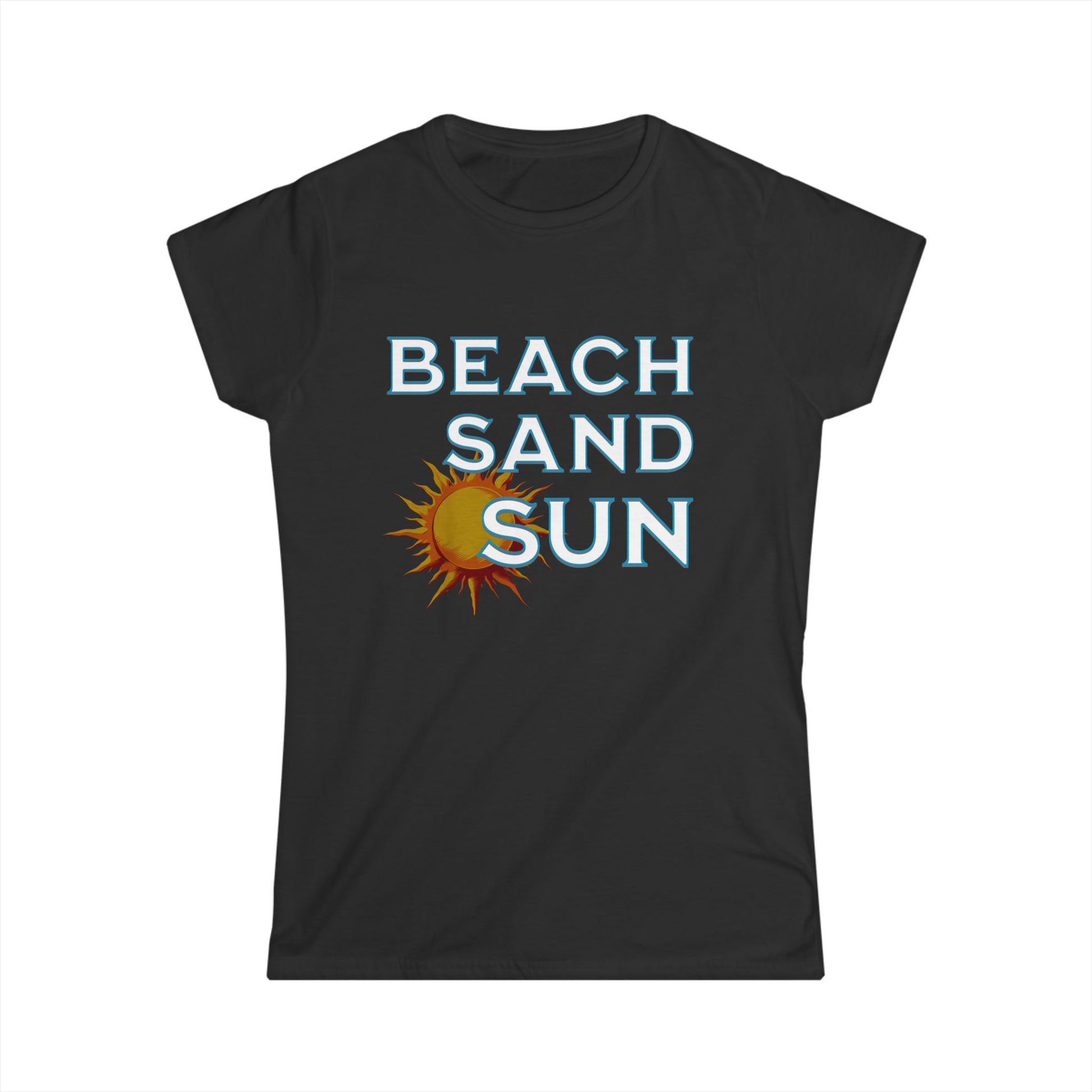 Black t-shirt with 'Beach Sand Sun' text and sun graphic on a white background
