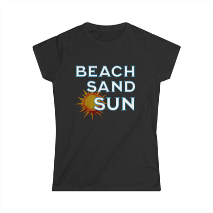 Black t-shirt with 'Beach Sand Sun' text and sun graphic on a white background