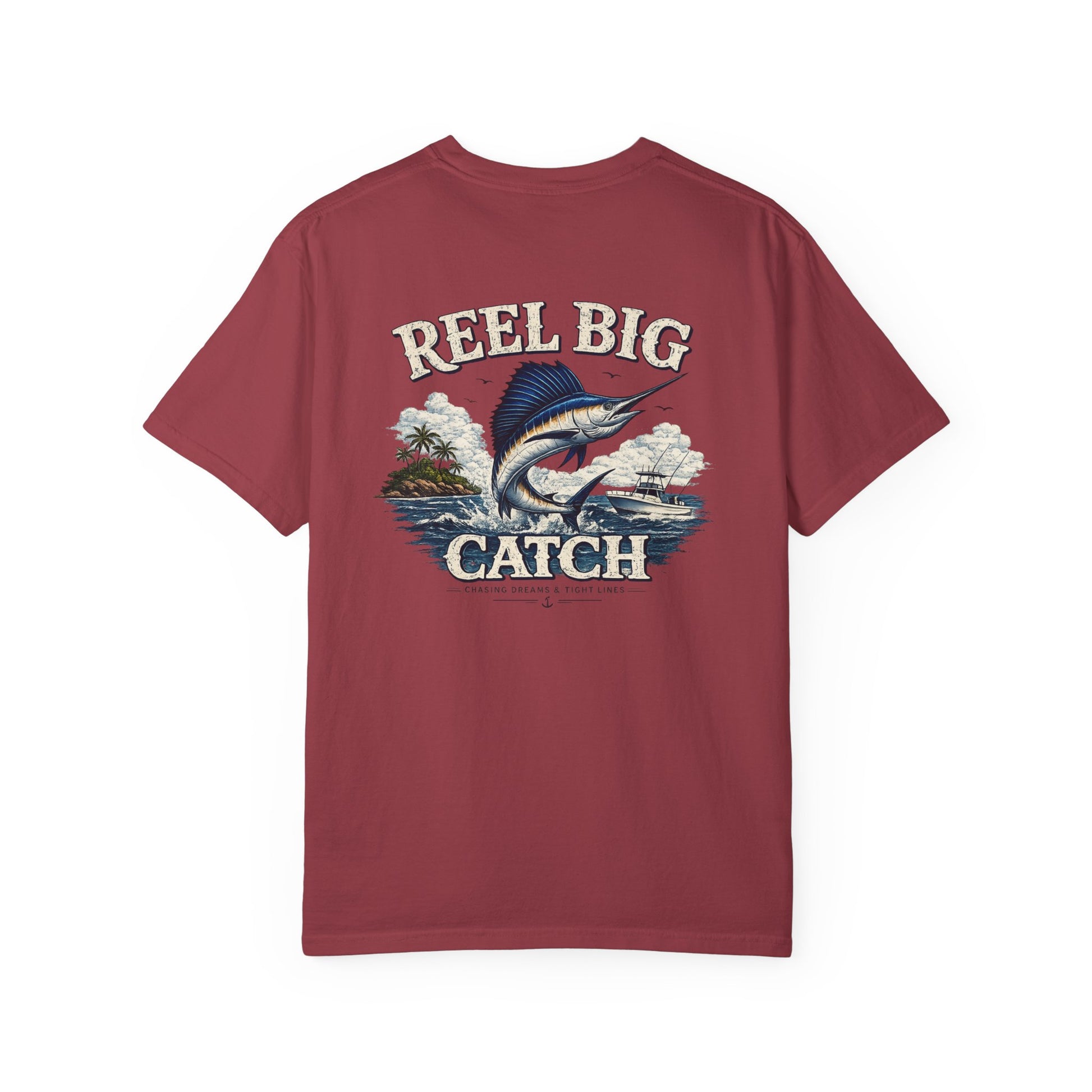 Maroon t-shirt with 'Reel Big Catch' graphic and text on a white background