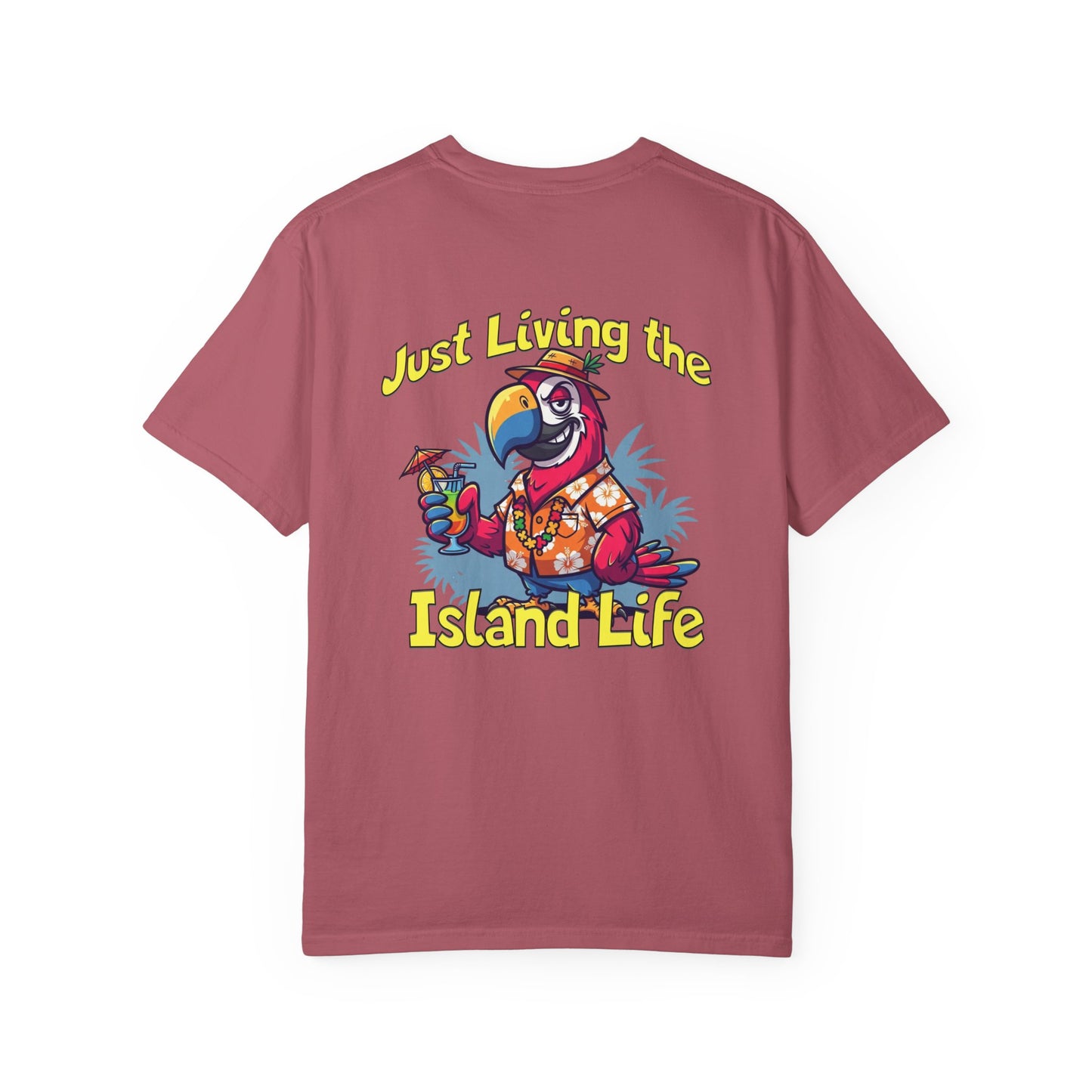 Maroon t-shirt with a parrot graphic and 'Just Living the Island Life' text on a white background