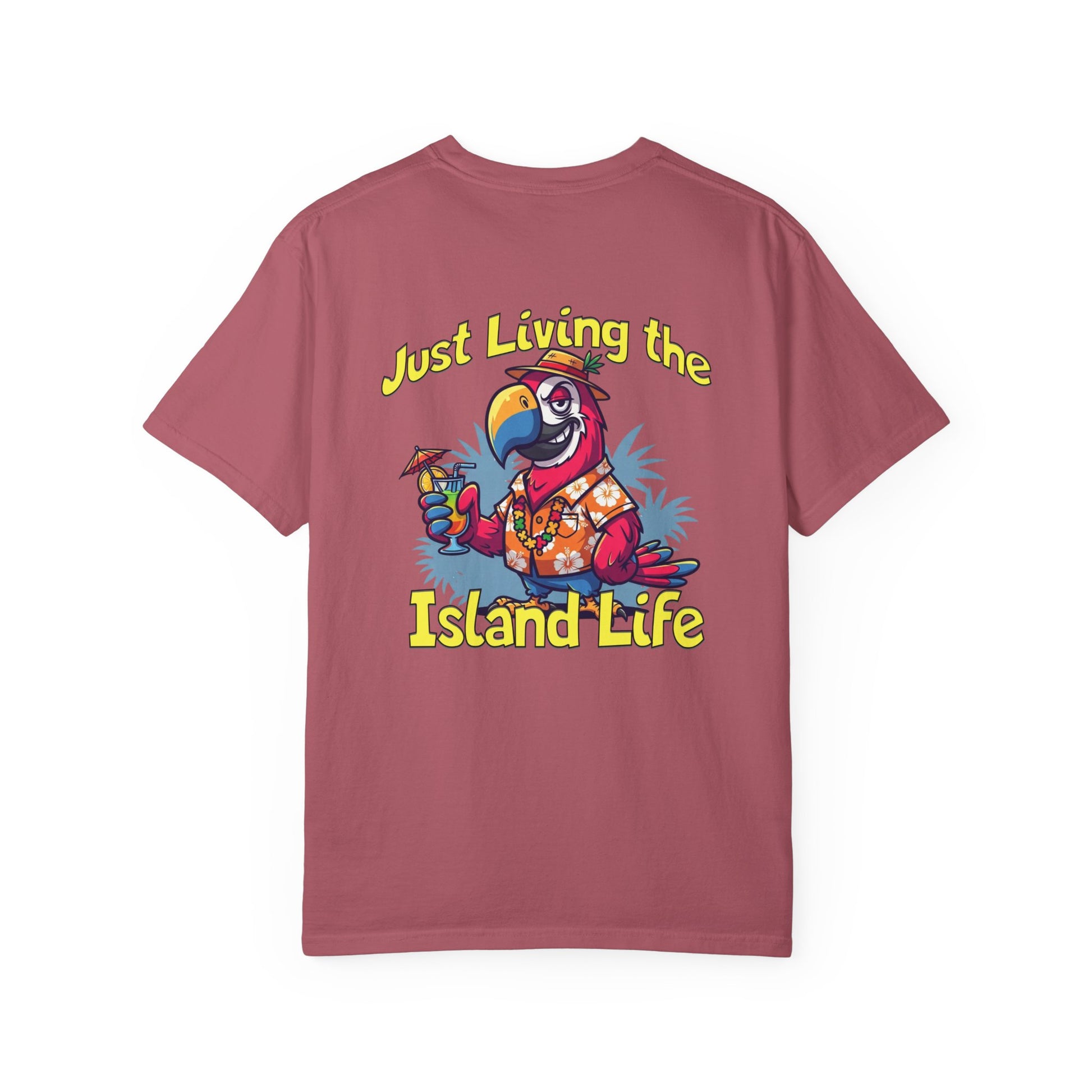 Maroon t-shirt with a parrot graphic and 'Just Living the Island Life' text on a white background
