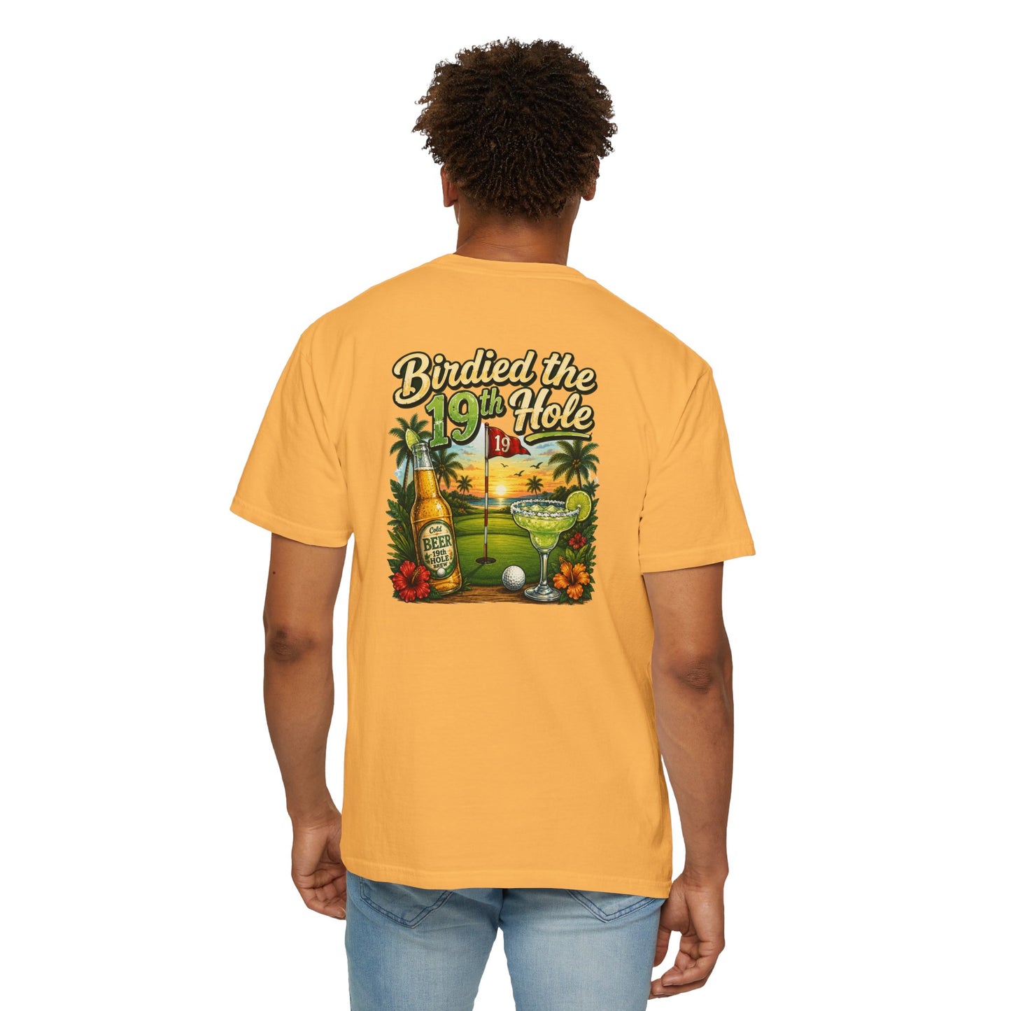 Golf T-Shirt — 'Birdied the 19th Hole' Tropical Golf Beer Design