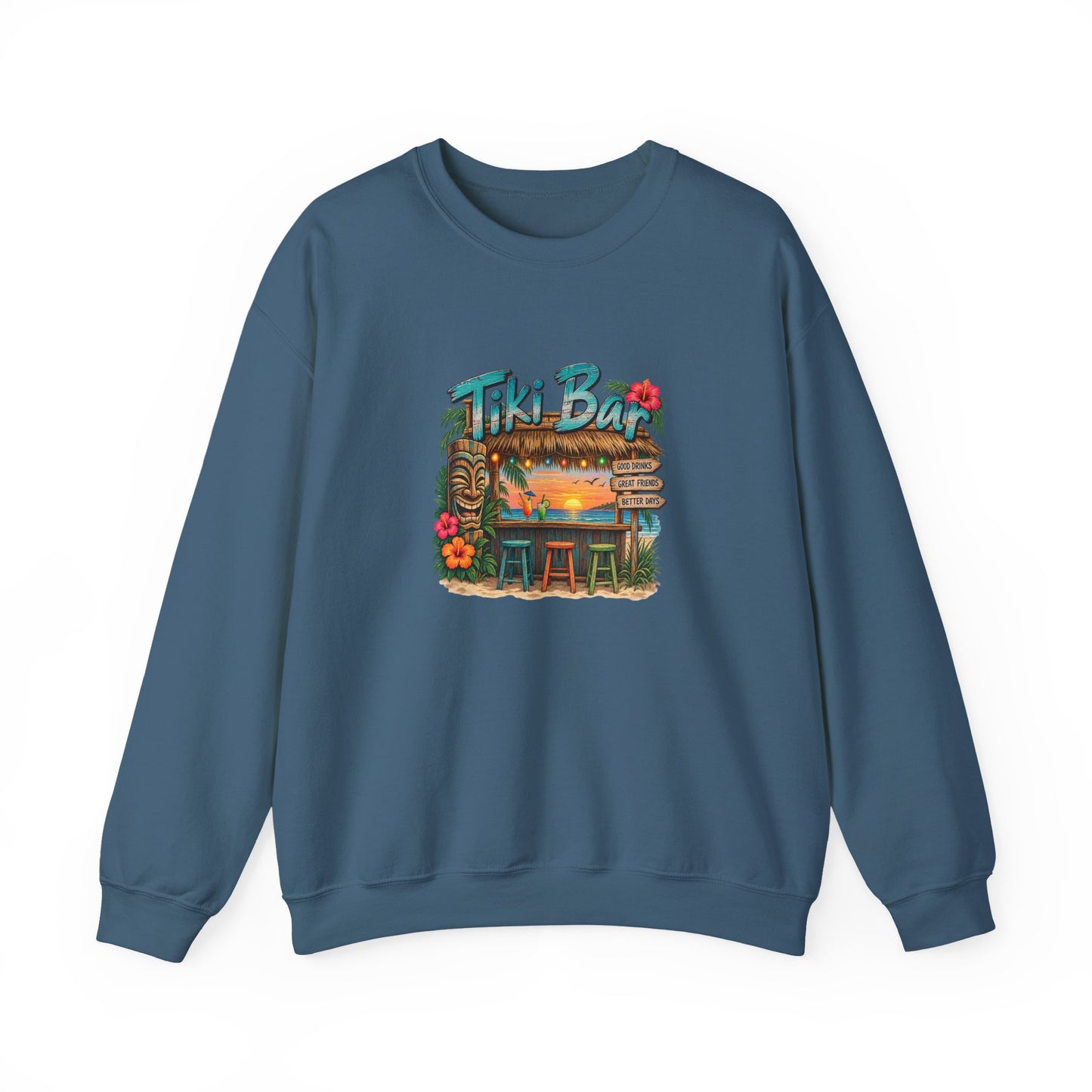 Tiki Bar Crewneck Sweatshirt — Retro Tropical Sunset Design