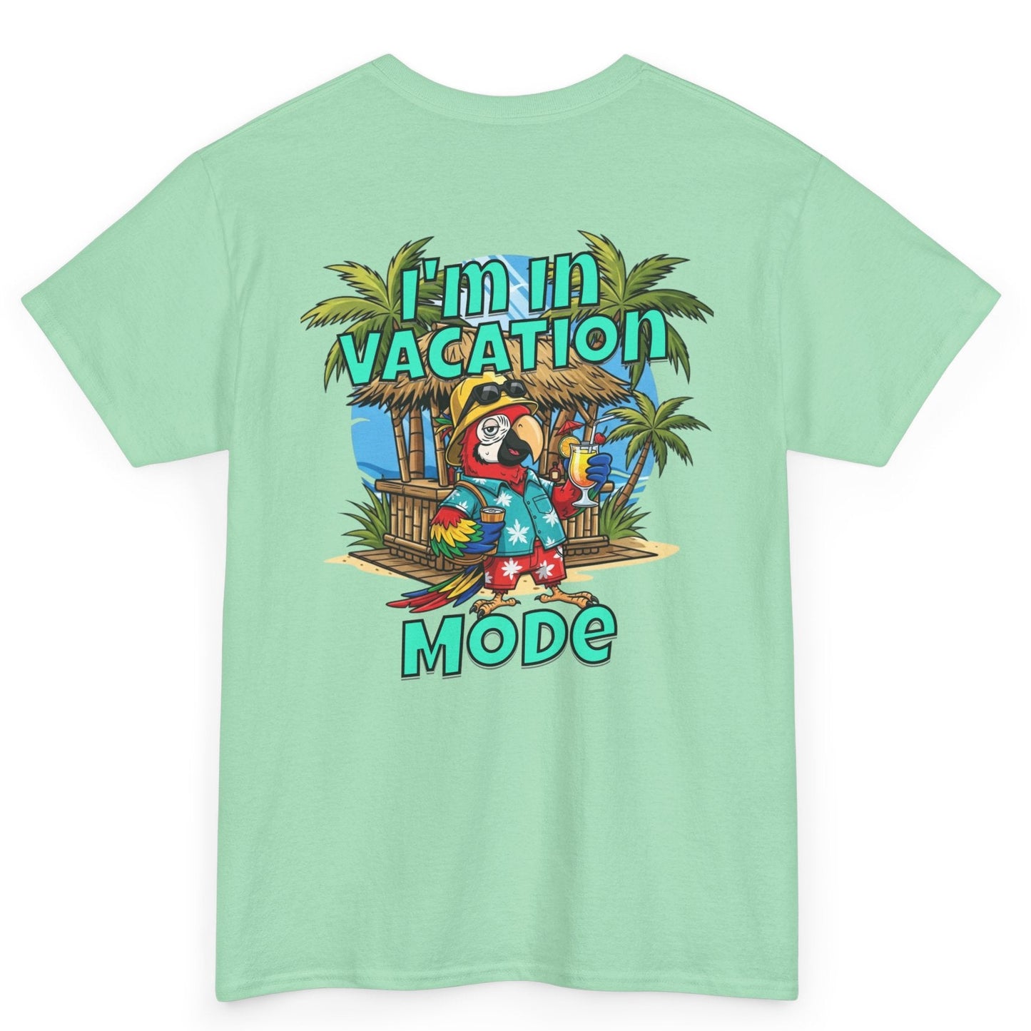 Light green t-shirt with a tropical graphic and text on a white background