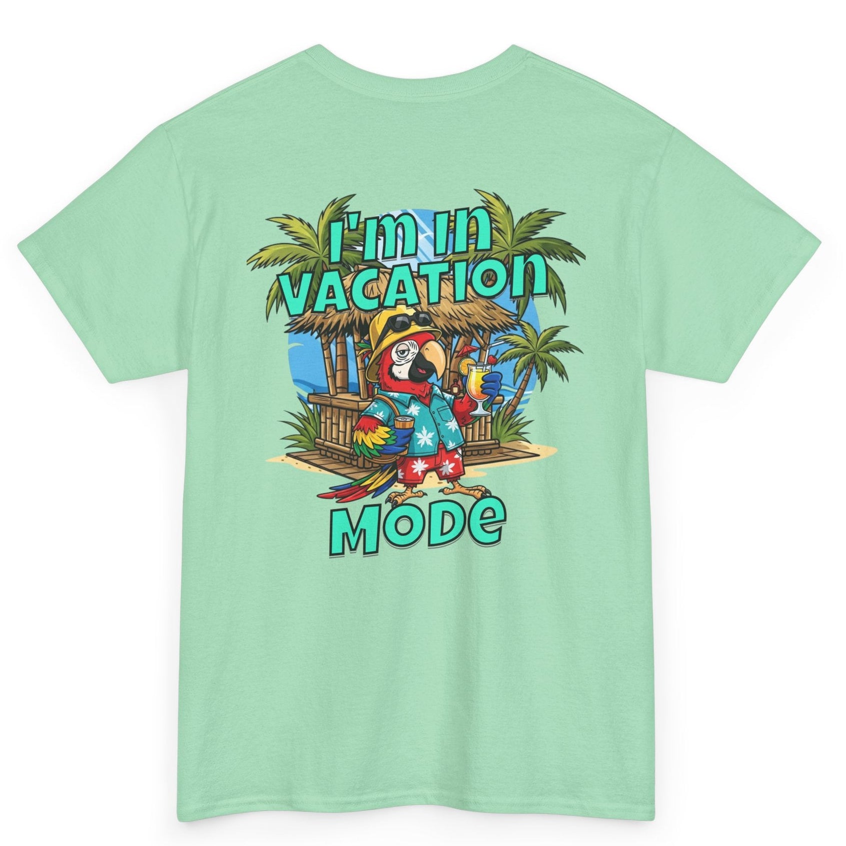 Light green t-shirt with a tropical graphic and text on a white background