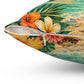 Square polyester pillow cover, angled view, tropical flowers and beach scene with visible zipper