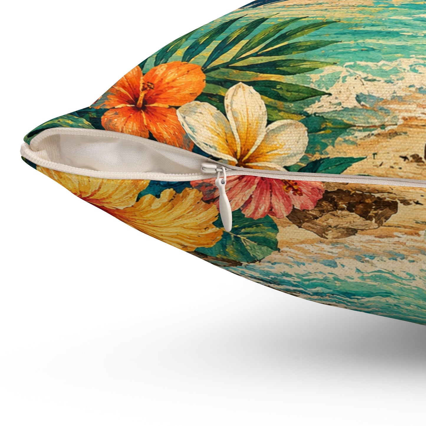 Square polyester pillow cover, angled view, tropical flowers and beach scene with visible zipper