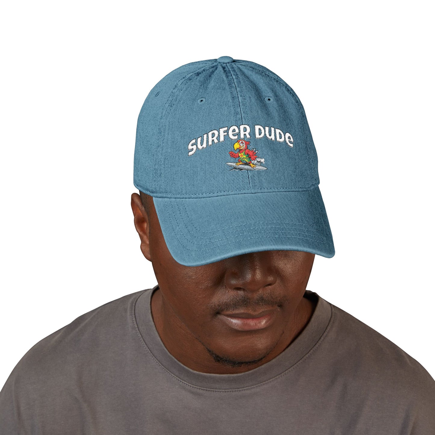 Surfing Dude Embroidered Denim Hat — 'Surfer Dude' Wave & Sun Cap