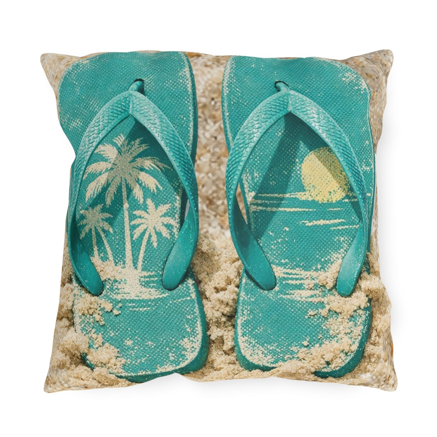 Teal flip-flops with beach scene design on a textured surface