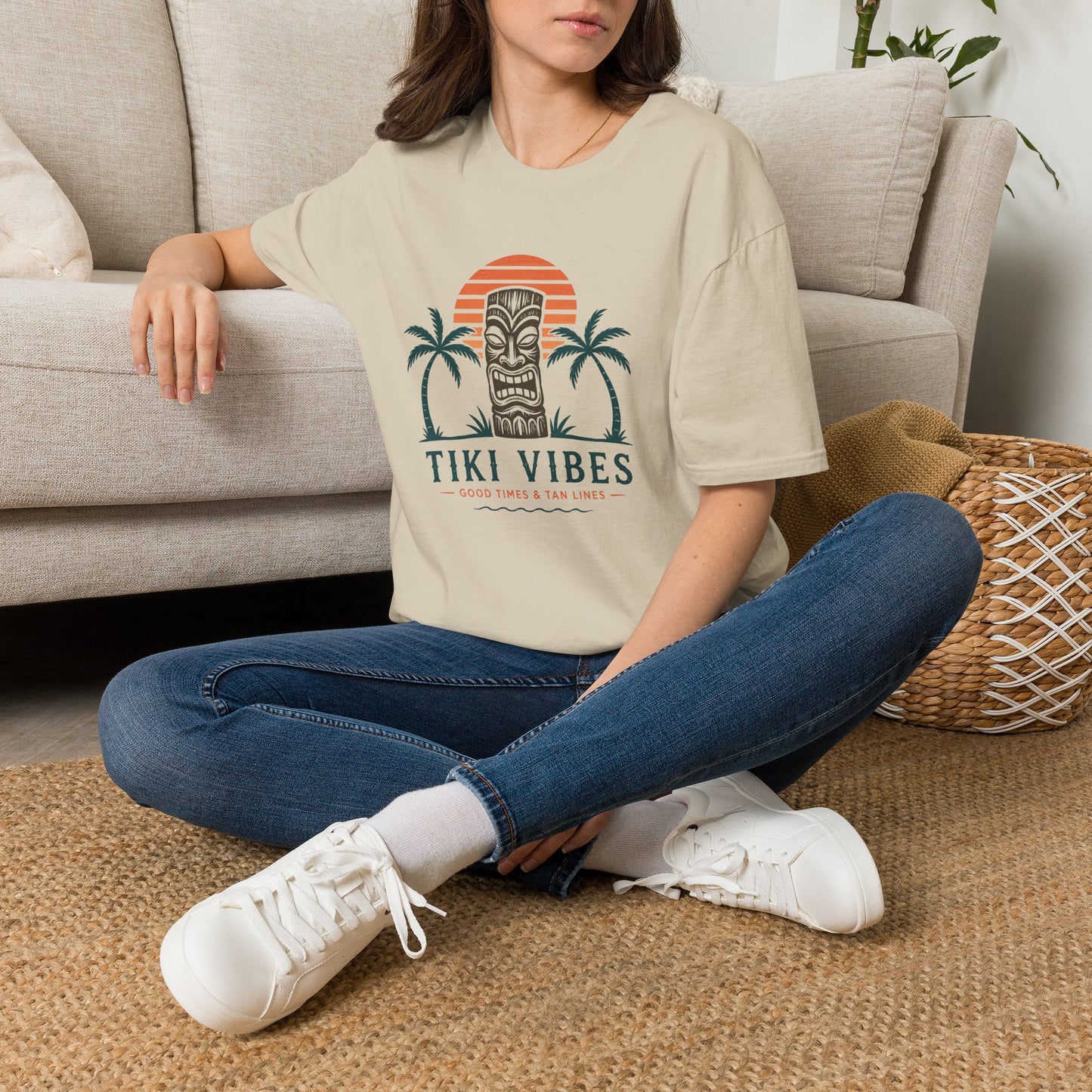 Tiki Vibes Sunset Tee (Palm Trees & Tiki Mask)