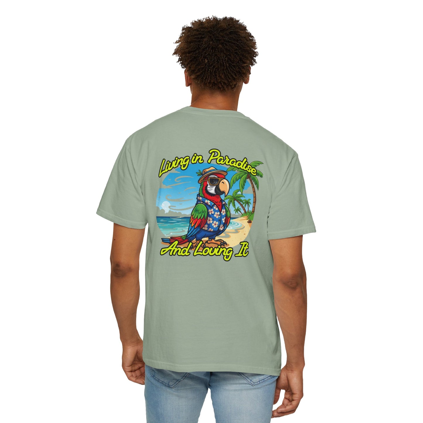T-Shirt — "Living in Paradise and Loving It" Tropical Parrot Beach Tee