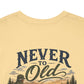 T-Shirt — "Never Too Old to Fish" Fishing Tee (Sunset Lake Design)