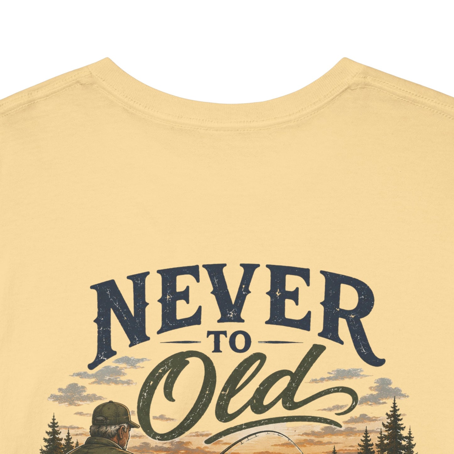 T-Shirt — "Never Too Old to Fish" Fishing Tee (Sunset Lake Design)