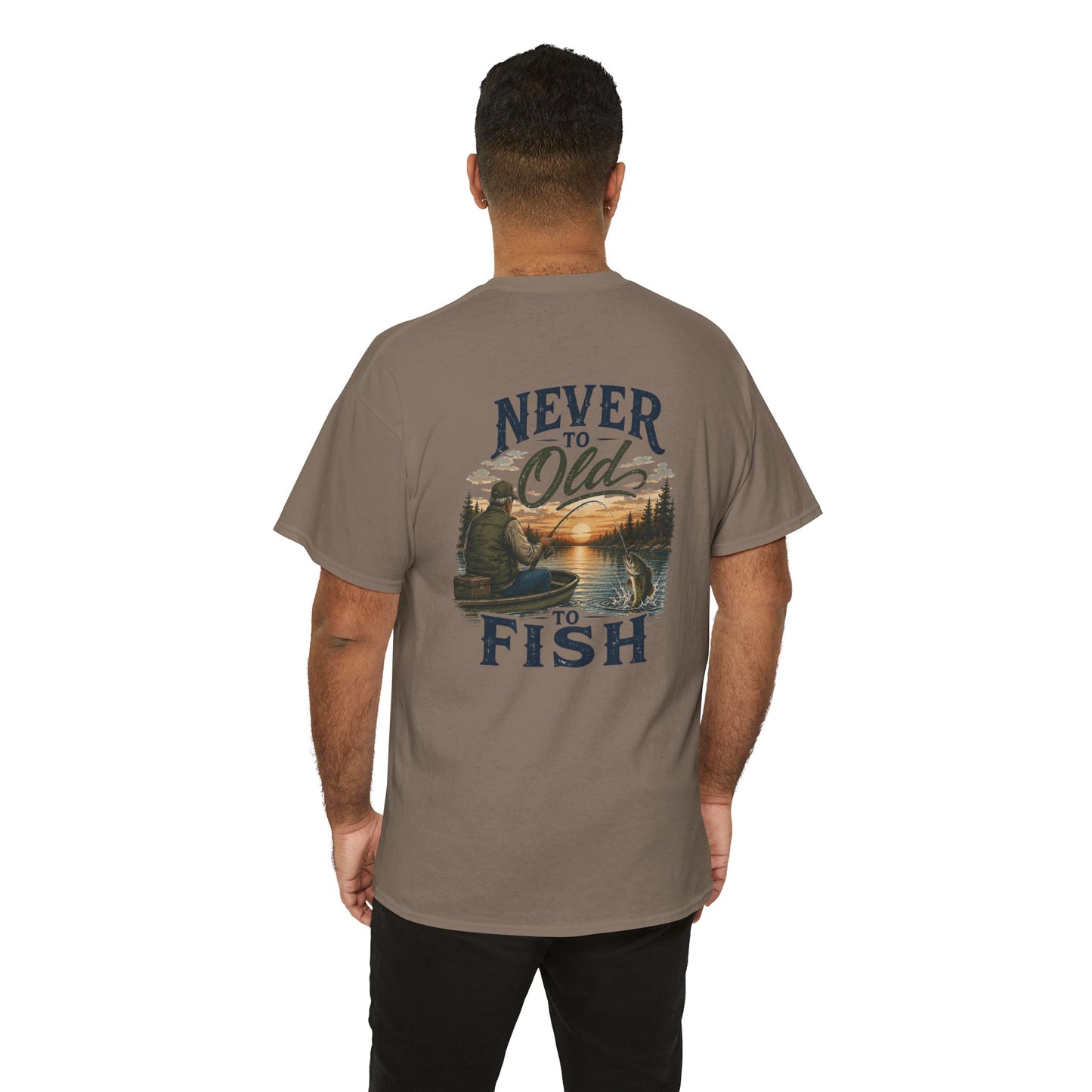 T-Shirt — "Never Too Old to Fish" Fishing Tee (Sunset Lake Design)