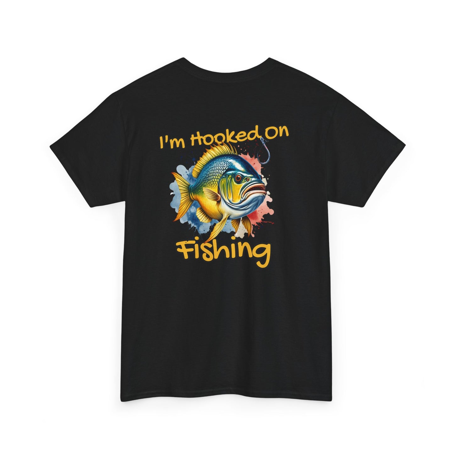 Black t-shirt with a fish graphic and 'I'm hooked on fishing' text on a white background