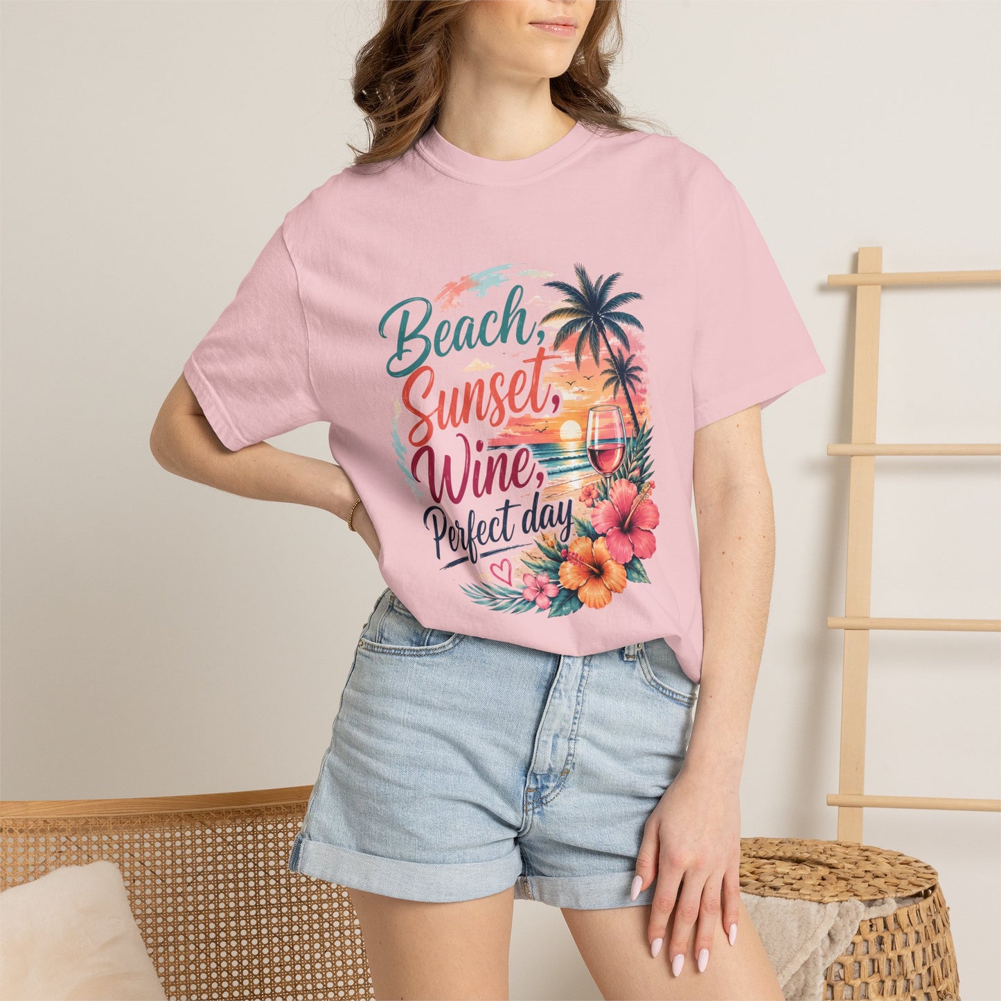 Beach Sunset Wine T-Shirt — "Beach, Sunset, Wine, Perfect Day" Tropical Graphic Tee