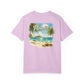 Lavender t-shirt with a tropical beach graphic and 'Paradise' text on a white background