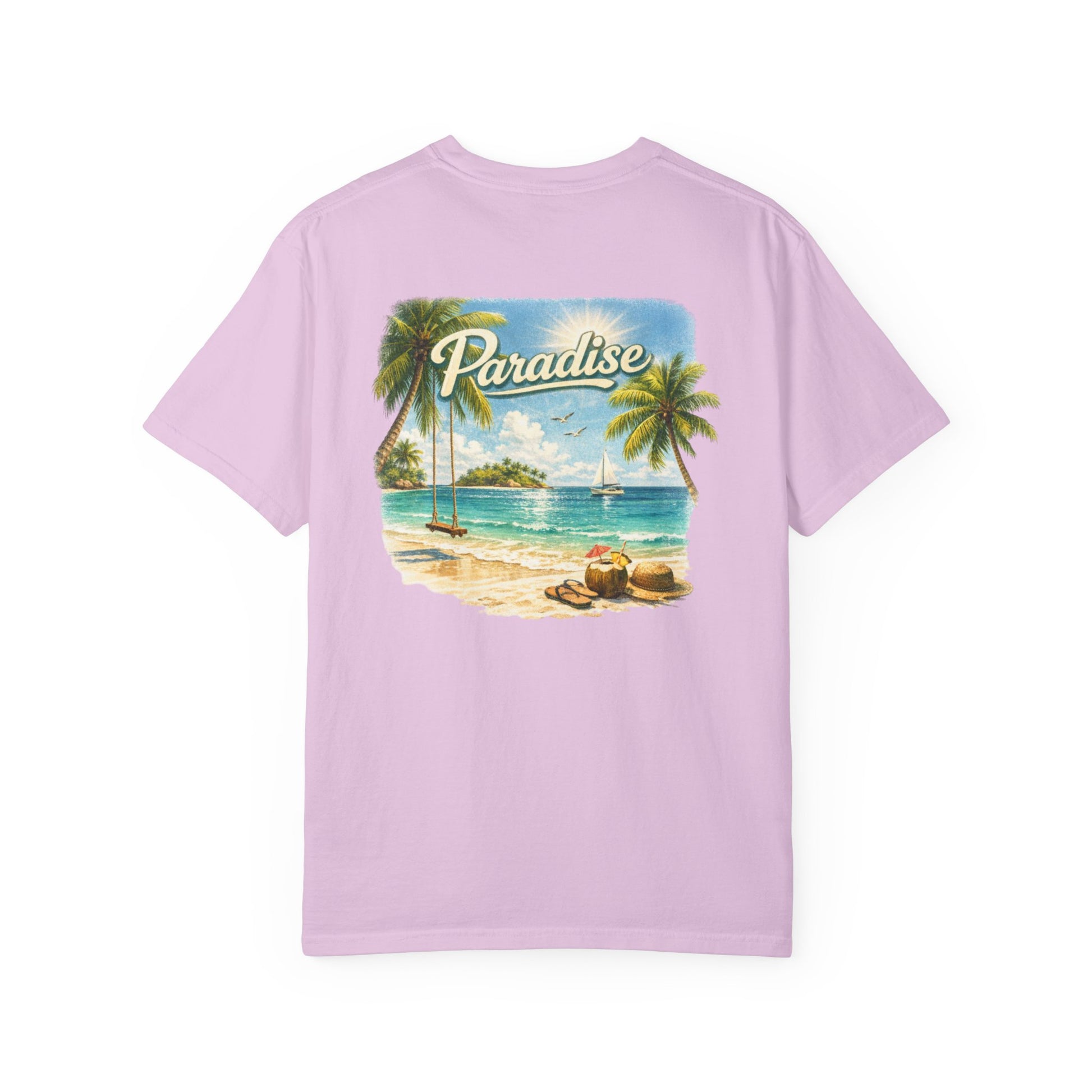 Lavender t-shirt with a tropical beach graphic and 'Paradise' text on a white background