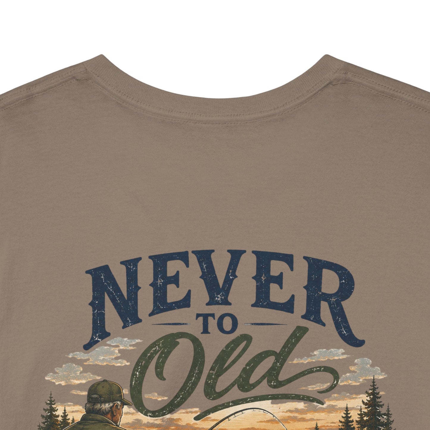 T-Shirt — "Never Too Old to Fish" Fishing Tee (Sunset Lake Design)