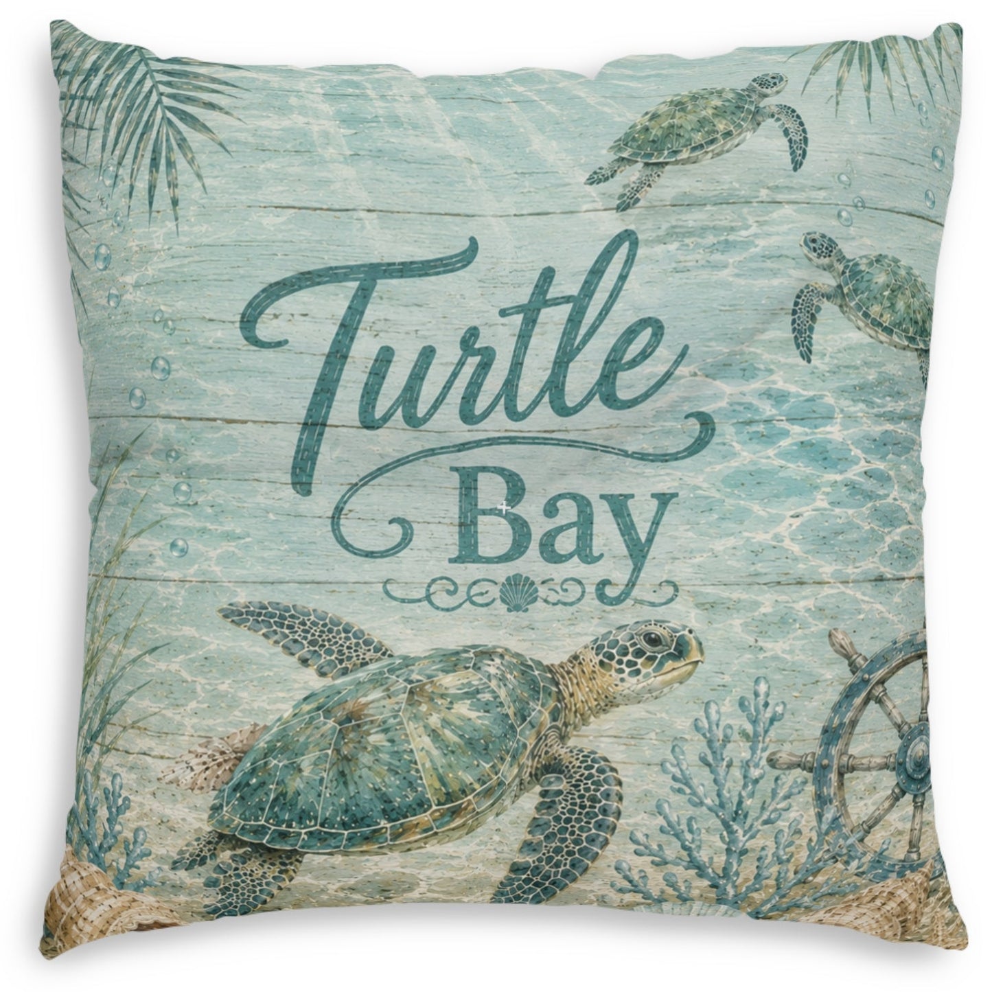 Square decorative throw pillow featuring a sea turtle ocean scene with the words 'Turtle Bay' in teal script over a light aqua watercolor-style background with palm leaves, coral, and a ship wheel.