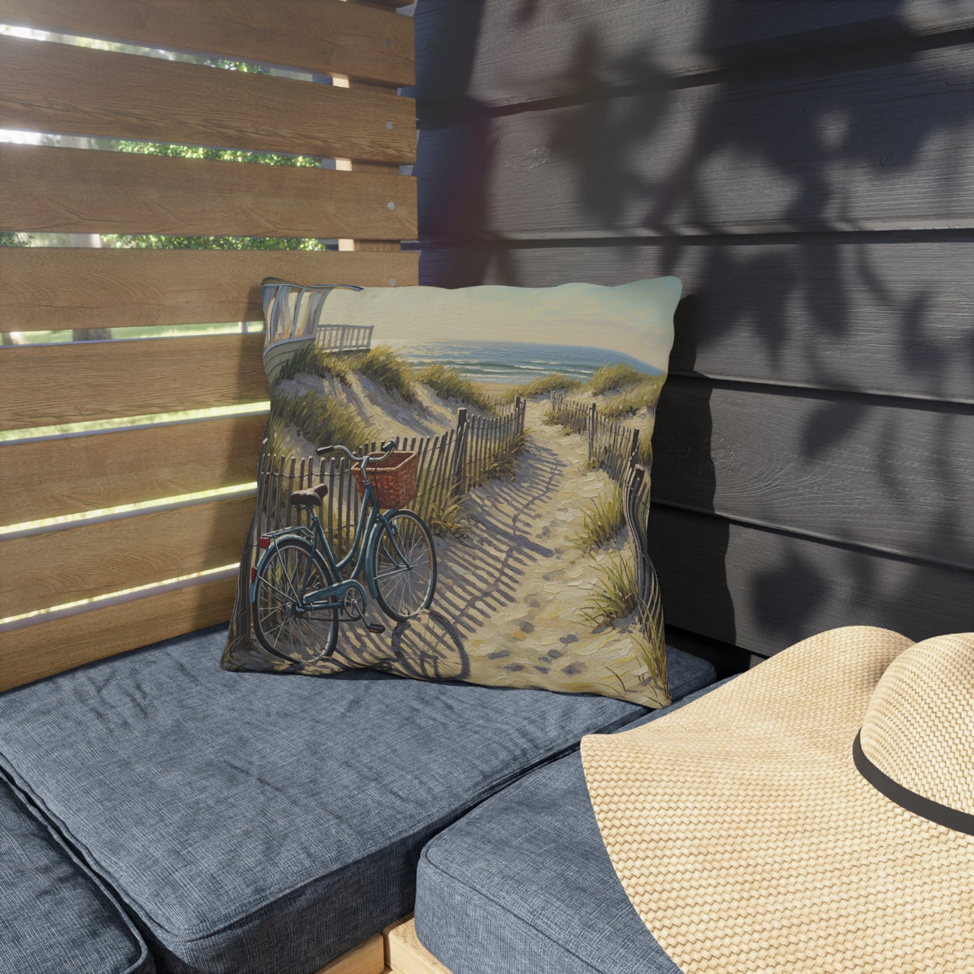 Decorative pillow with a bicycle design on a cushioned bench outdoors.
