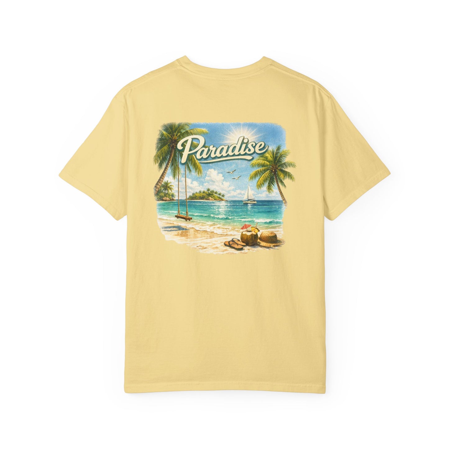 Yellow t-shirt with a tropical beach graphic and 'Paradise' text on the back.
