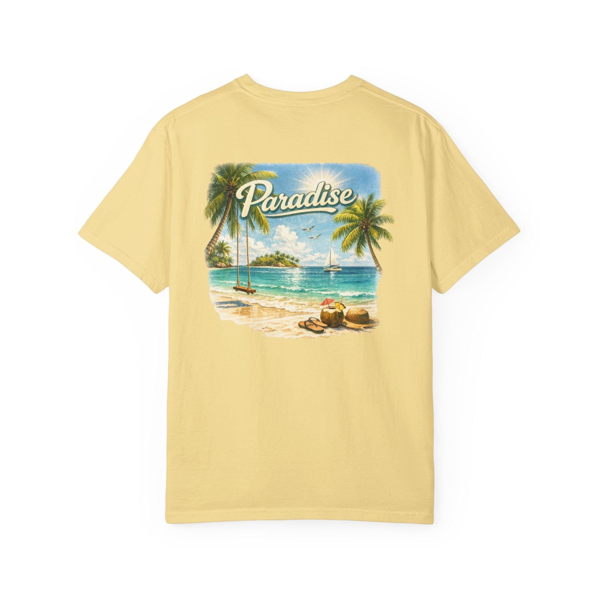 Yellow t-shirt with a tropical beach graphic and 'Paradise' text on the back.