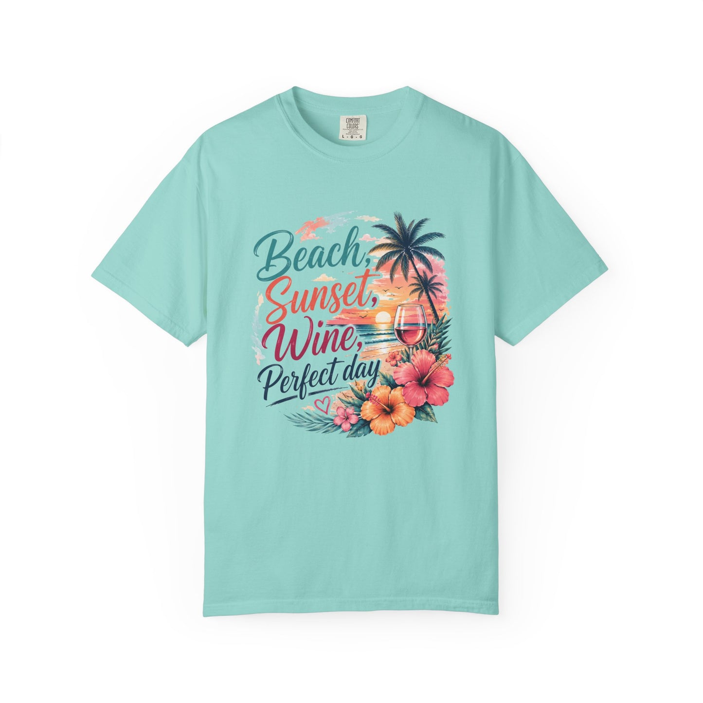 Beach Sunset Wine T-Shirt — "Beach, Sunset, Wine, Perfect Day" Tropical Graphic Tee