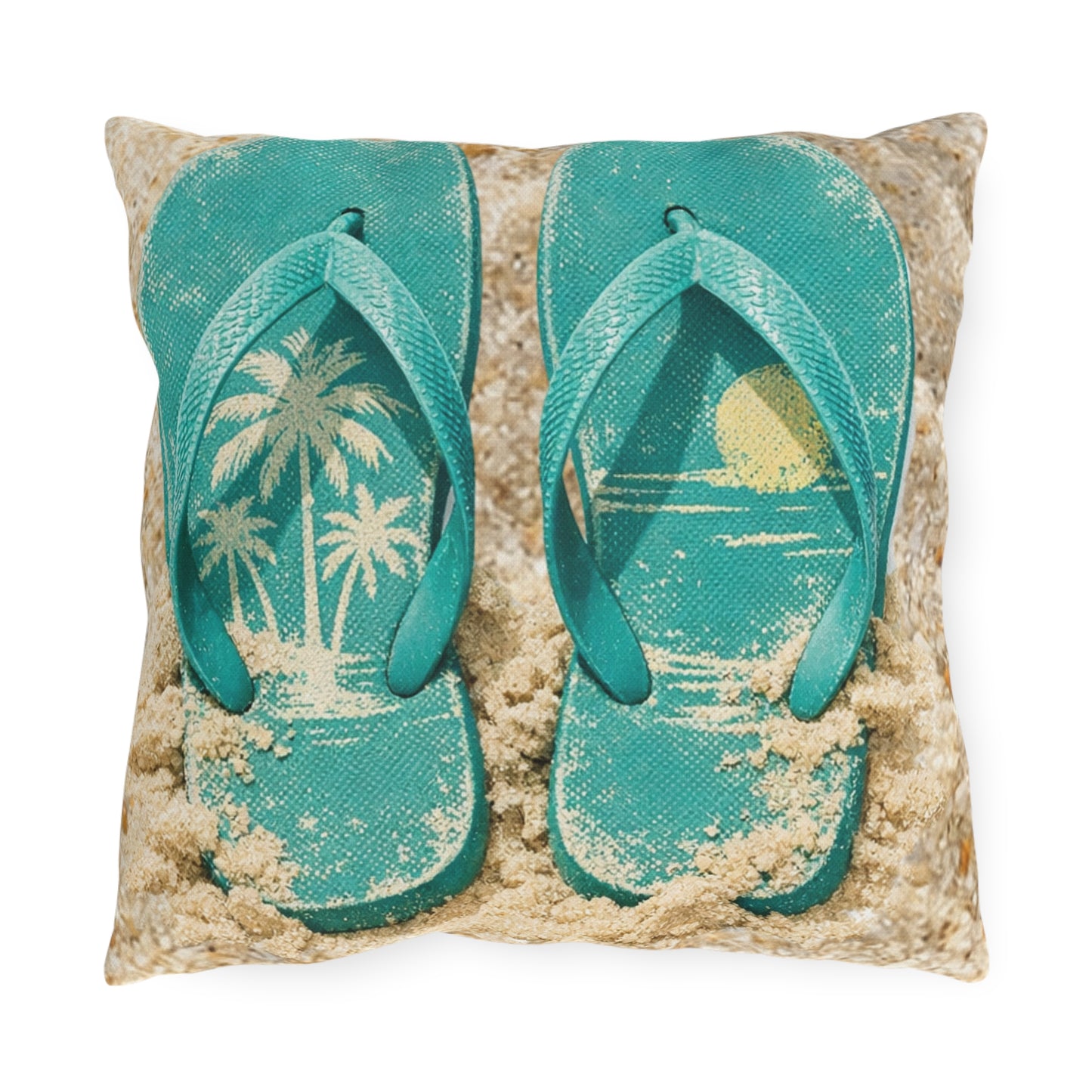 Pillow with teal flip-flops and beach scene design on a white background