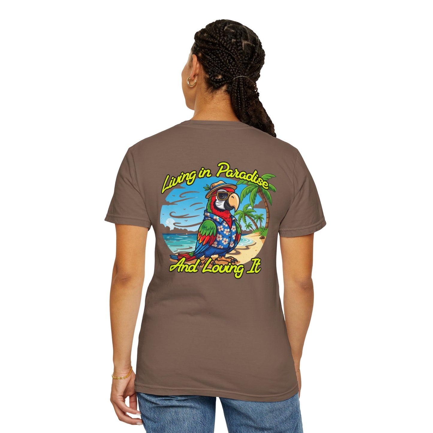 T-Shirt — "Living in Paradise and Loving It" Tropical Parrot Beach Tee
