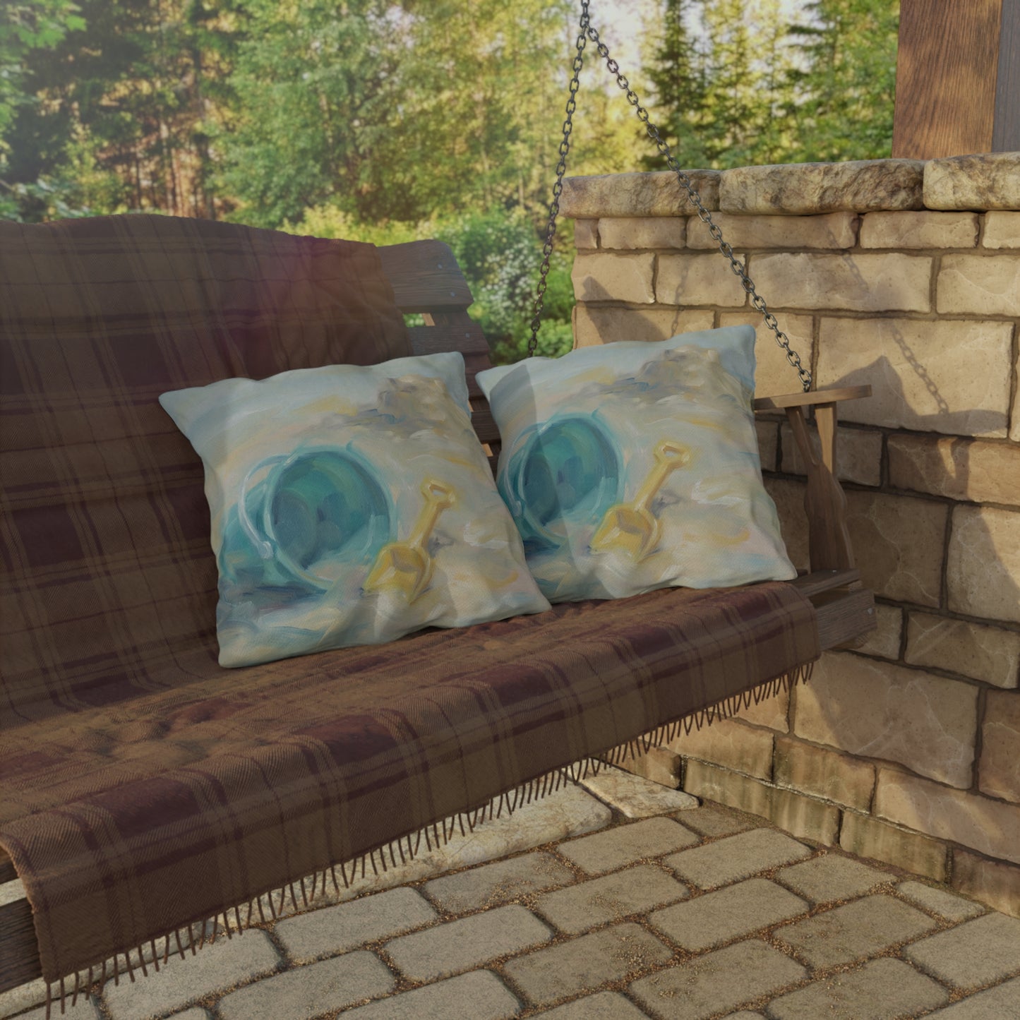 Wooden swing with decorative pillows in a garden setting