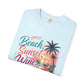 Beach Sunset Wine T-Shirt — "Beach, Sunset, Wine, Perfect Day" Tropical Graphic Tee
