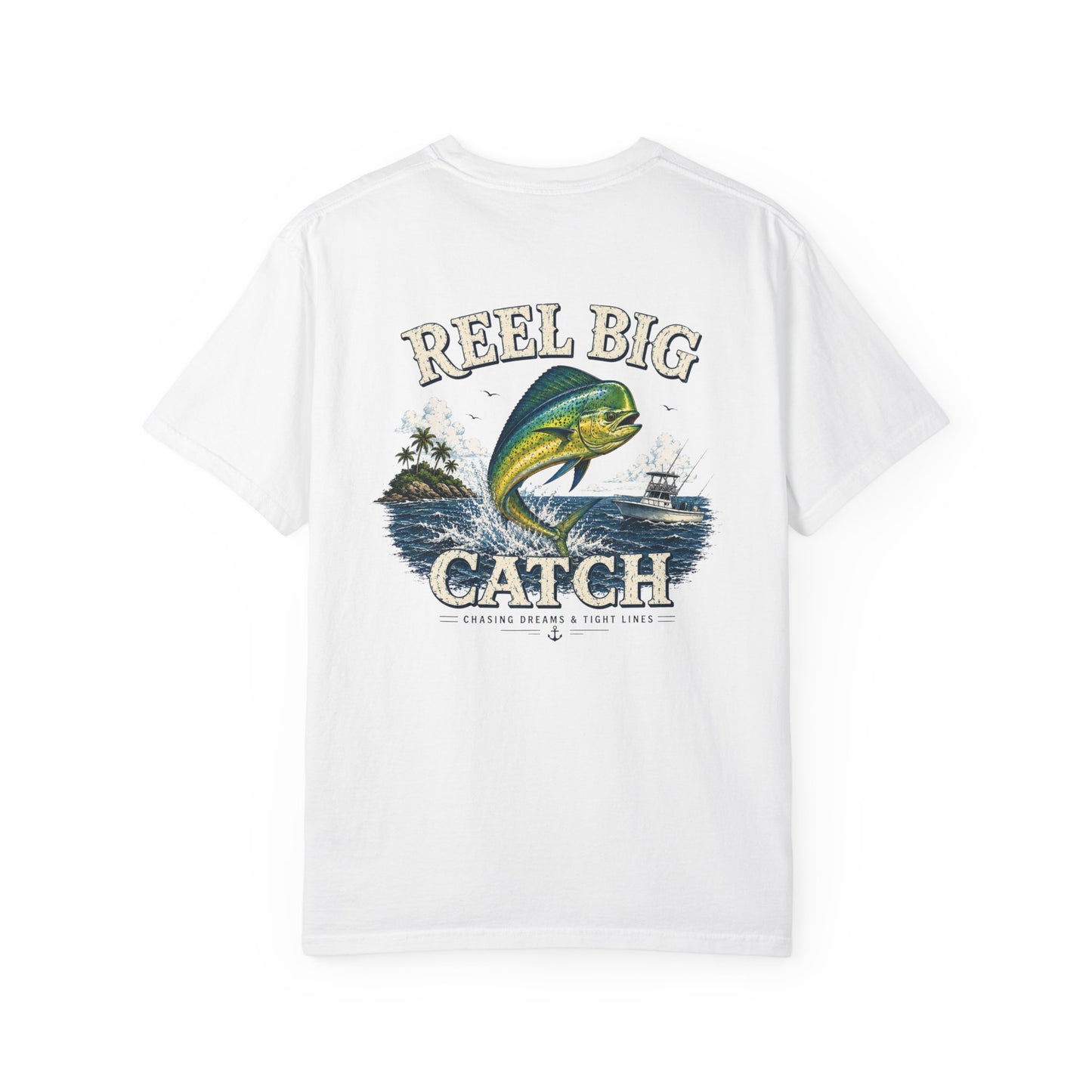 White t-shirt with 'Reel Big Catch' graphic design on a white background